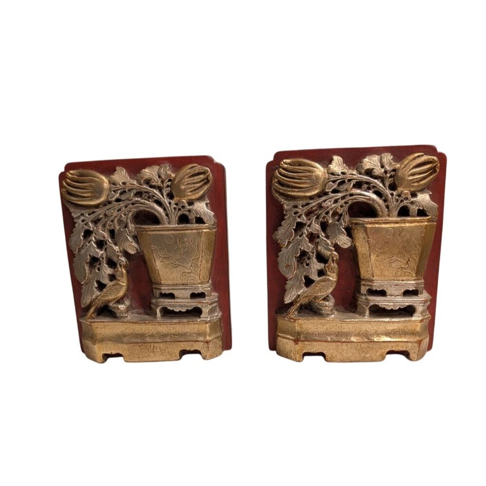 Borghese Hollywood Regency Bookends Floral Bird Motif
